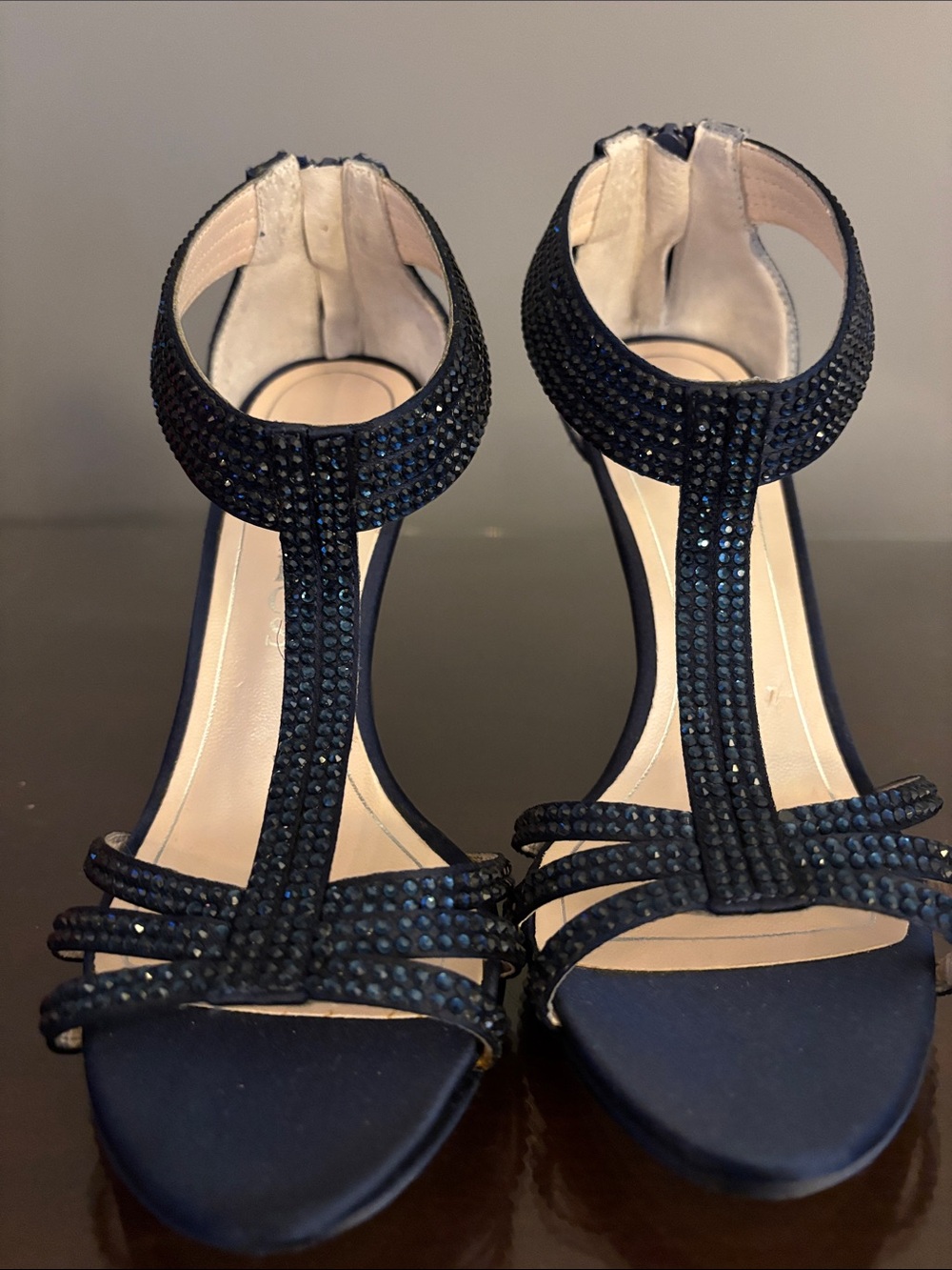 Caparros Navy T-Strap Crystal Evening heels